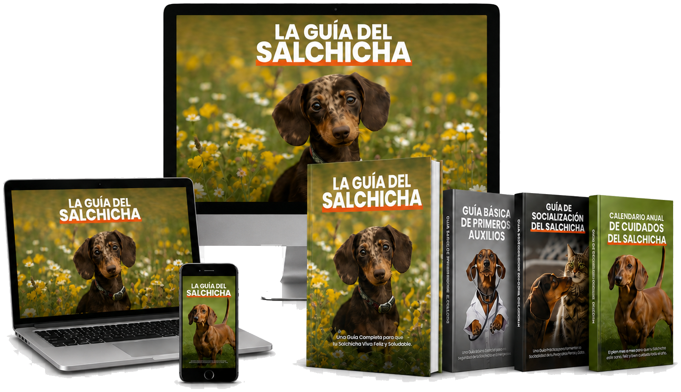 La Guía del Salchicha en laptop, monitor, celular y en libro impreso, junto a los bonus