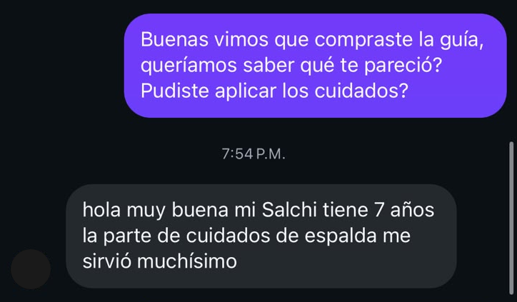 Mensaje de un dueño recomendando la guía de cuidados