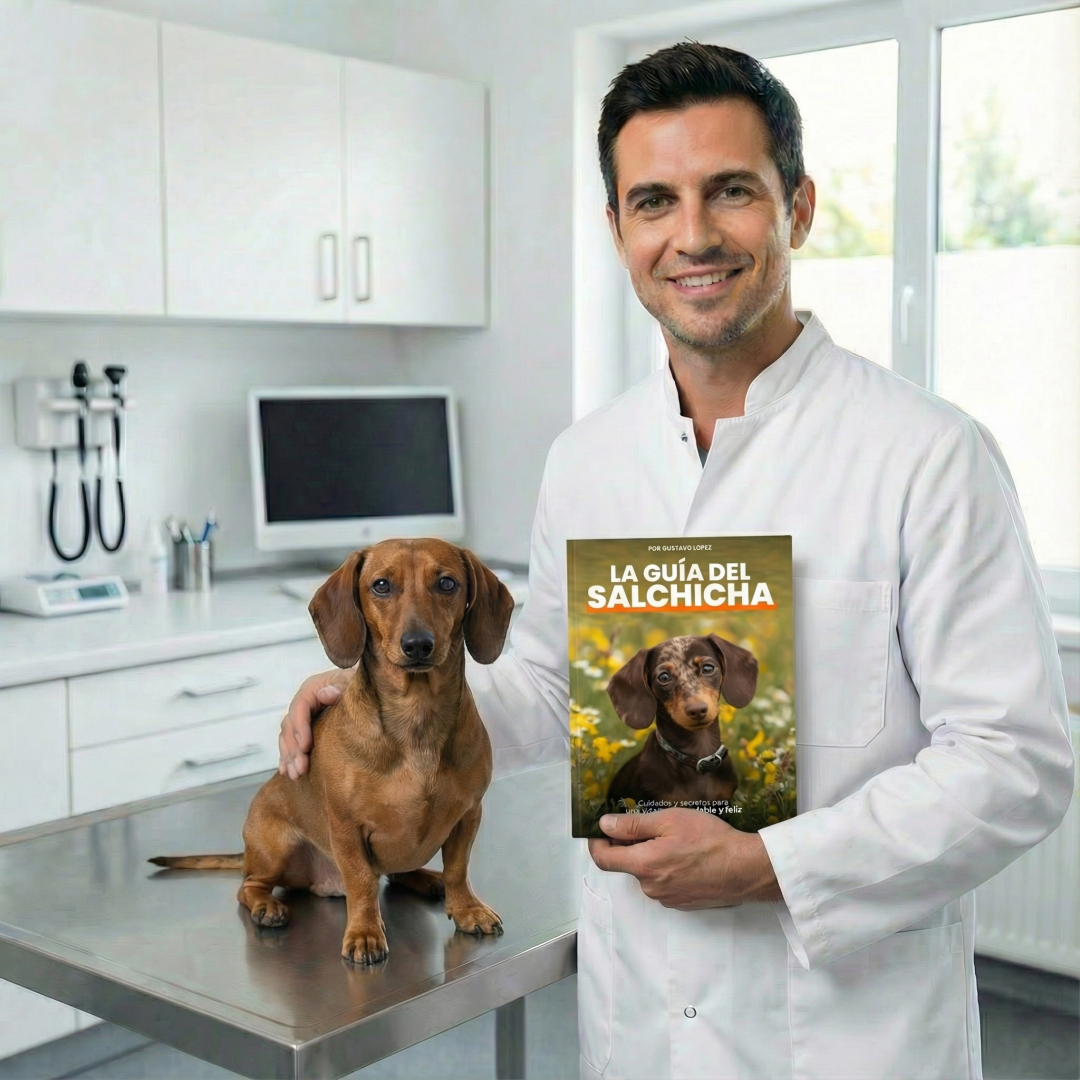 Veterinario sosteniendo La Guía del Salchicha junto a un perro salchicha